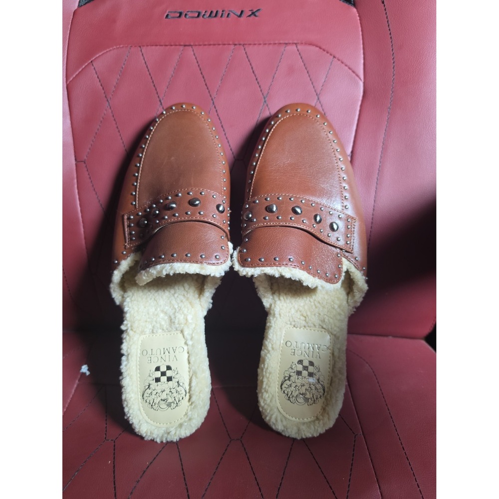 Vince Camuto Alvintal Faux Fur Studded Mules Women's Sz 9M Brown Leather Comfort